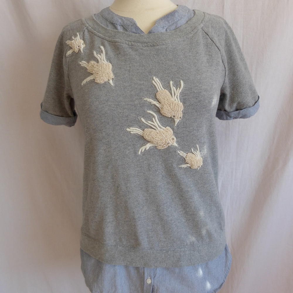 Anthropologie Floreat Flutter Bird Gray Beaded Top